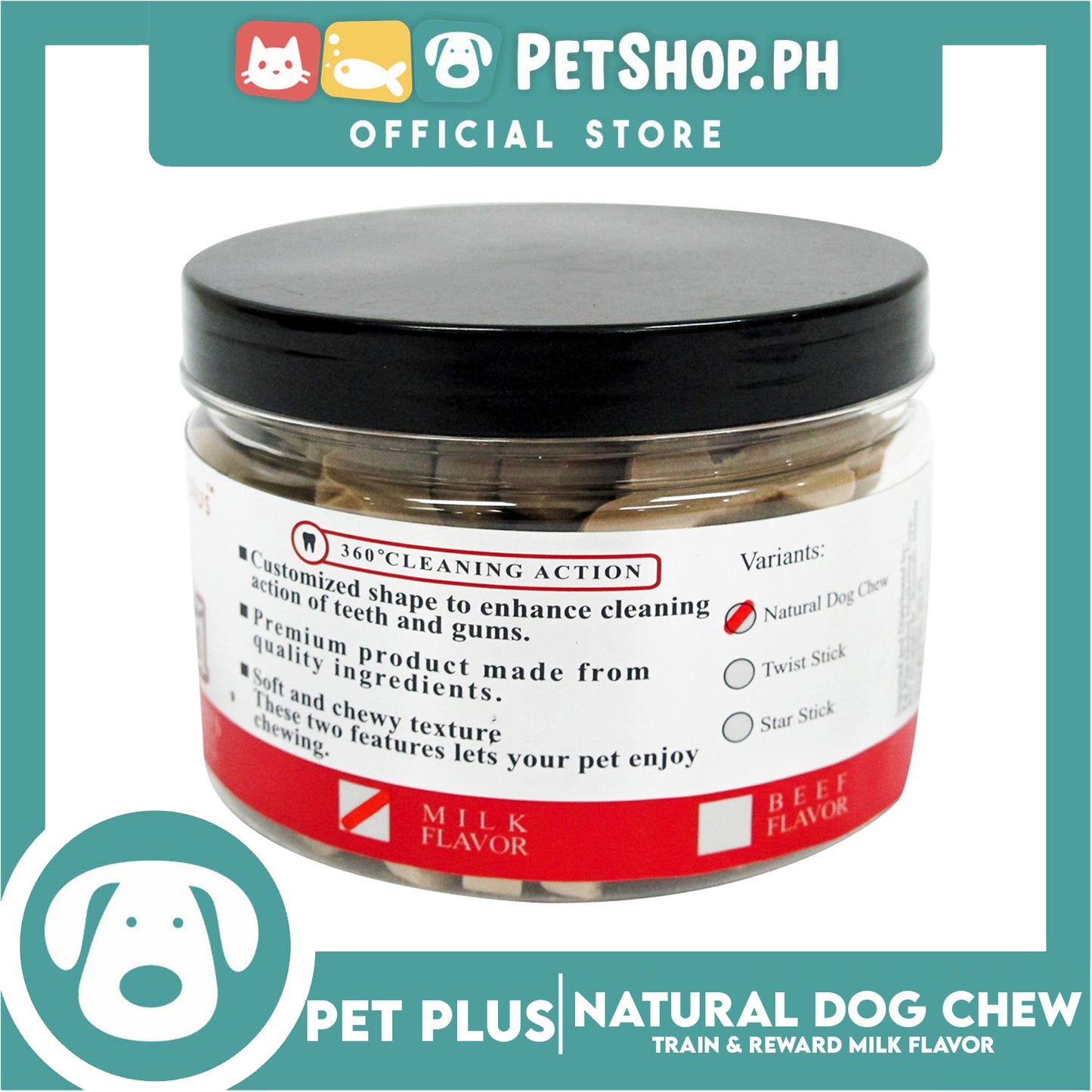 Pet Plus Train and Reward Dental Star Stick In a Jar (Natural Dog Chew Milk Flavor) 360 Brushing Action Designed for Dogs Reward Treats