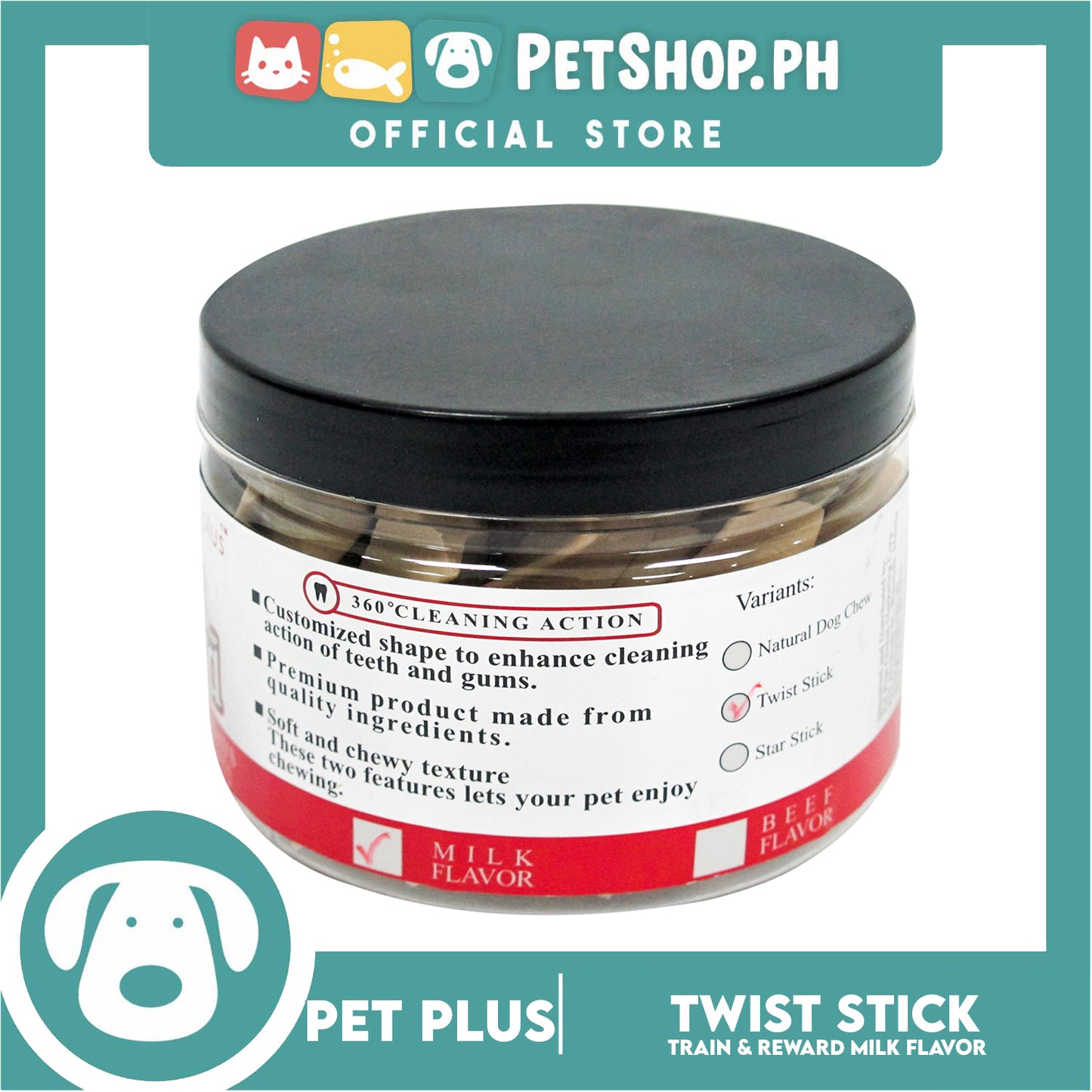 Pet Plus Train and Reward Dental Star Stick In a Jar (Twist Bone Milk Flavor) 360 Brushing Action Designed for Dogs Reward Treats