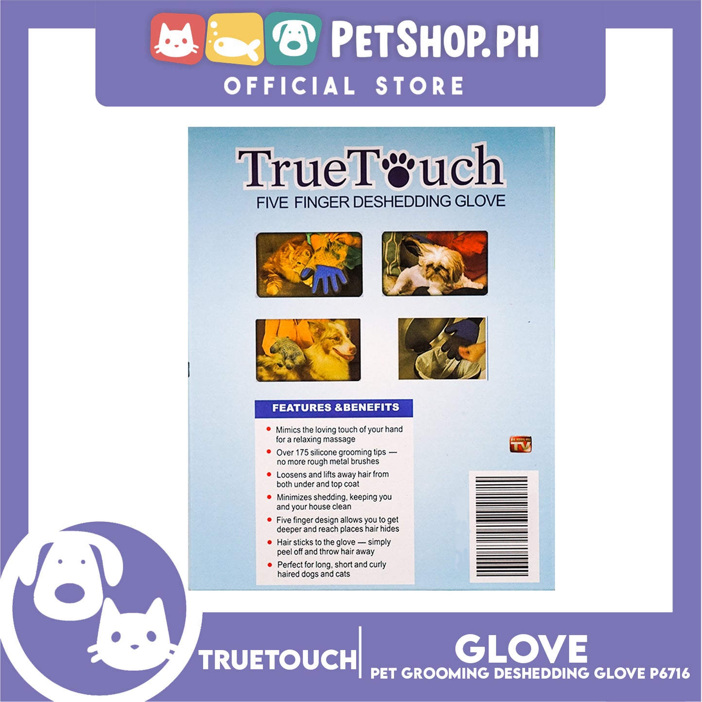 True Touch Pet Grooming Five Finger Deshedding Glove P6716 for Dogs & Cats