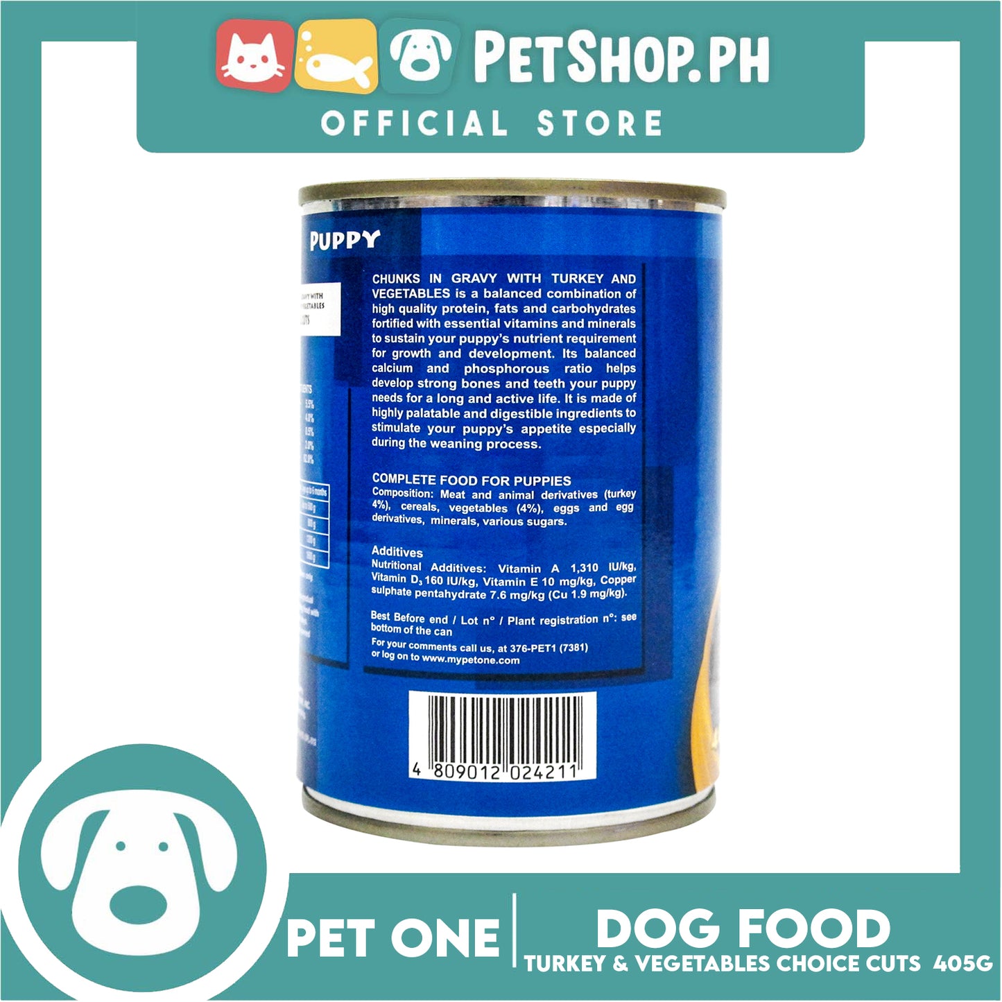 Pet One Puppy Wet Canned Dog Food 405g (Chunks In Gravy With Turkey And Vegetable Choice Cuts)