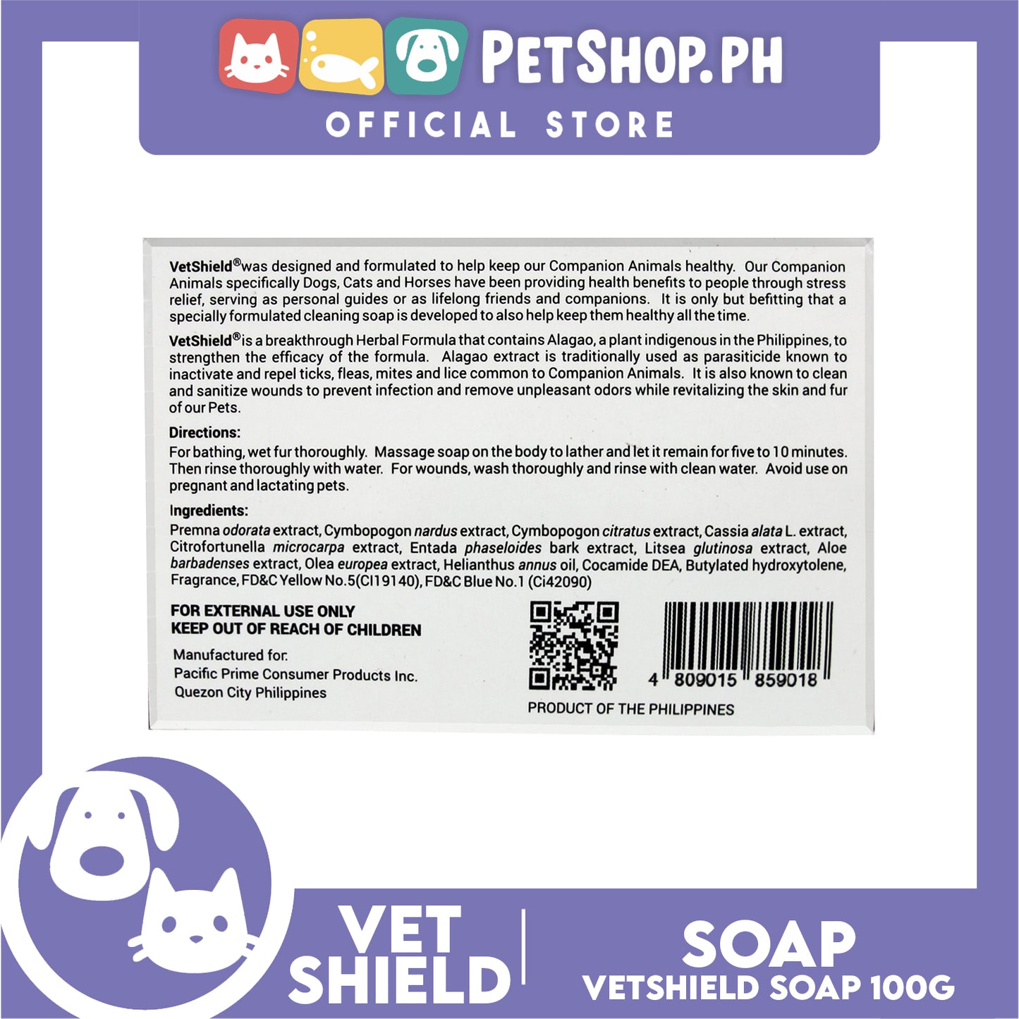 Vetshield Companion Animal Health Soap, Herbal Formula With Alaga Extract 100g Dog Soap