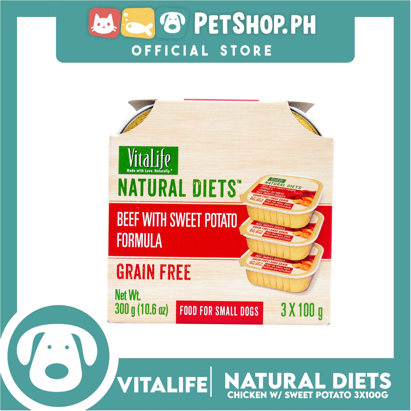 3pcs VitaLife Natural Diets, Grain Free 100g (Beef With Sweet Potato Formula) Dog Food for Small Dogs, Dog Wet Food