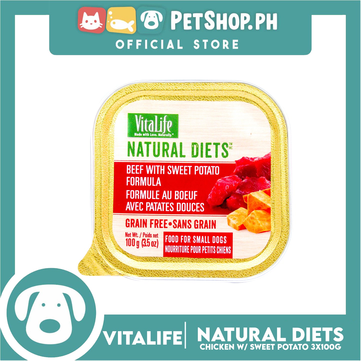 3pcs VitaLife Natural Diets, Grain Free 100g (Beef With Sweet Potato Formula) Dog Food for Small Dogs, Dog Wet Food