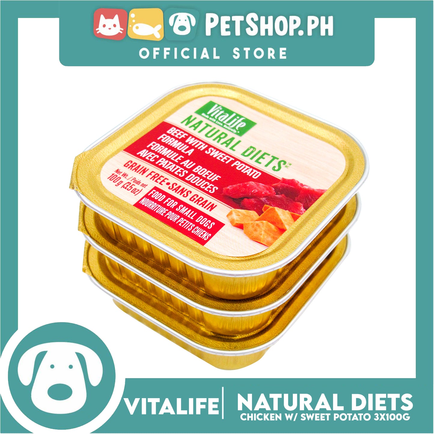3pcs VitaLife Natural Diets, Grain Free 100g (Beef With Sweet Potato Formula) Dog Food for Small Dogs, Dog Wet Food