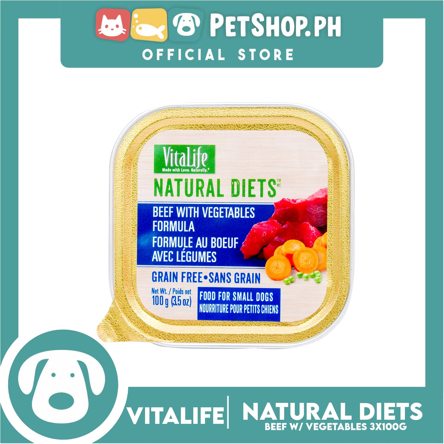 3pcs VitaLife Natural Diets, Grain Free 100g (Beef With Vegetables) Dog Food for Small Dogs, Dog Wet Food