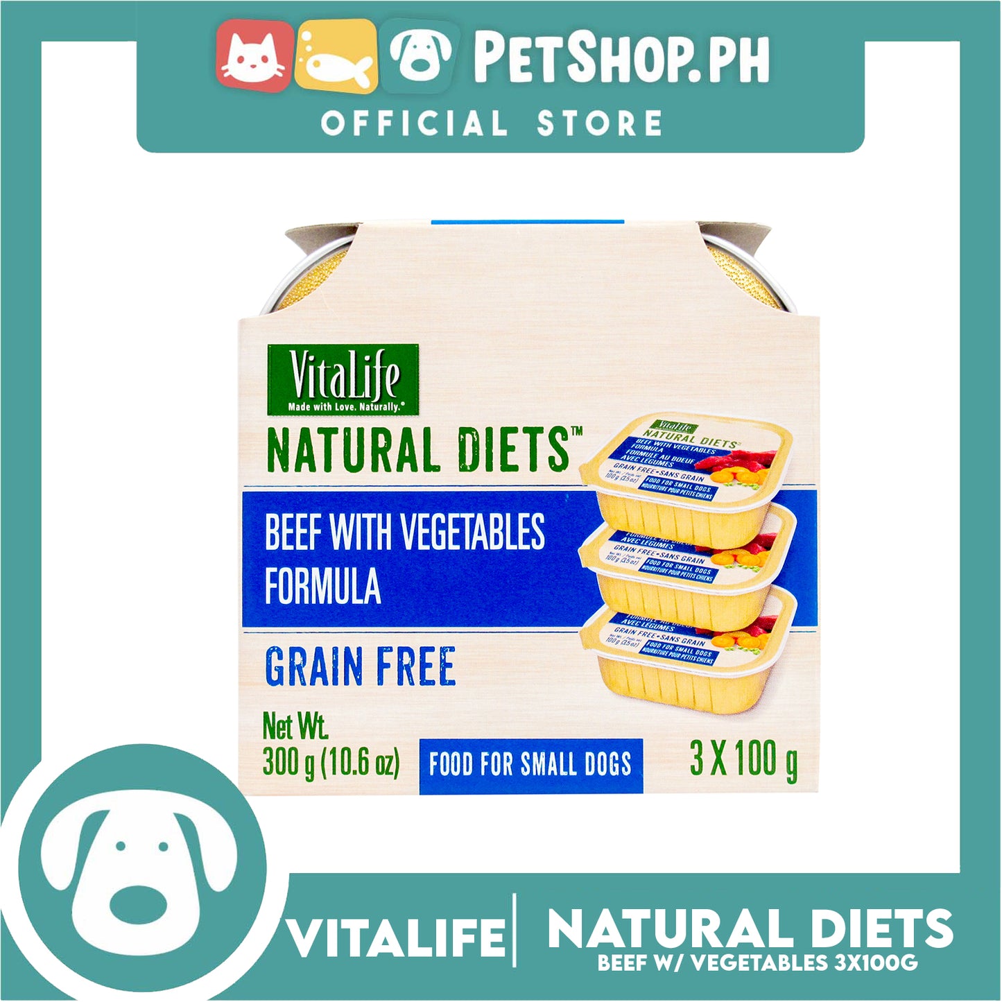 3pcs VitaLife Natural Diets, Grain Free 100g (Beef With Vegetables) Dog Food for Small Dogs, Dog Wet Food