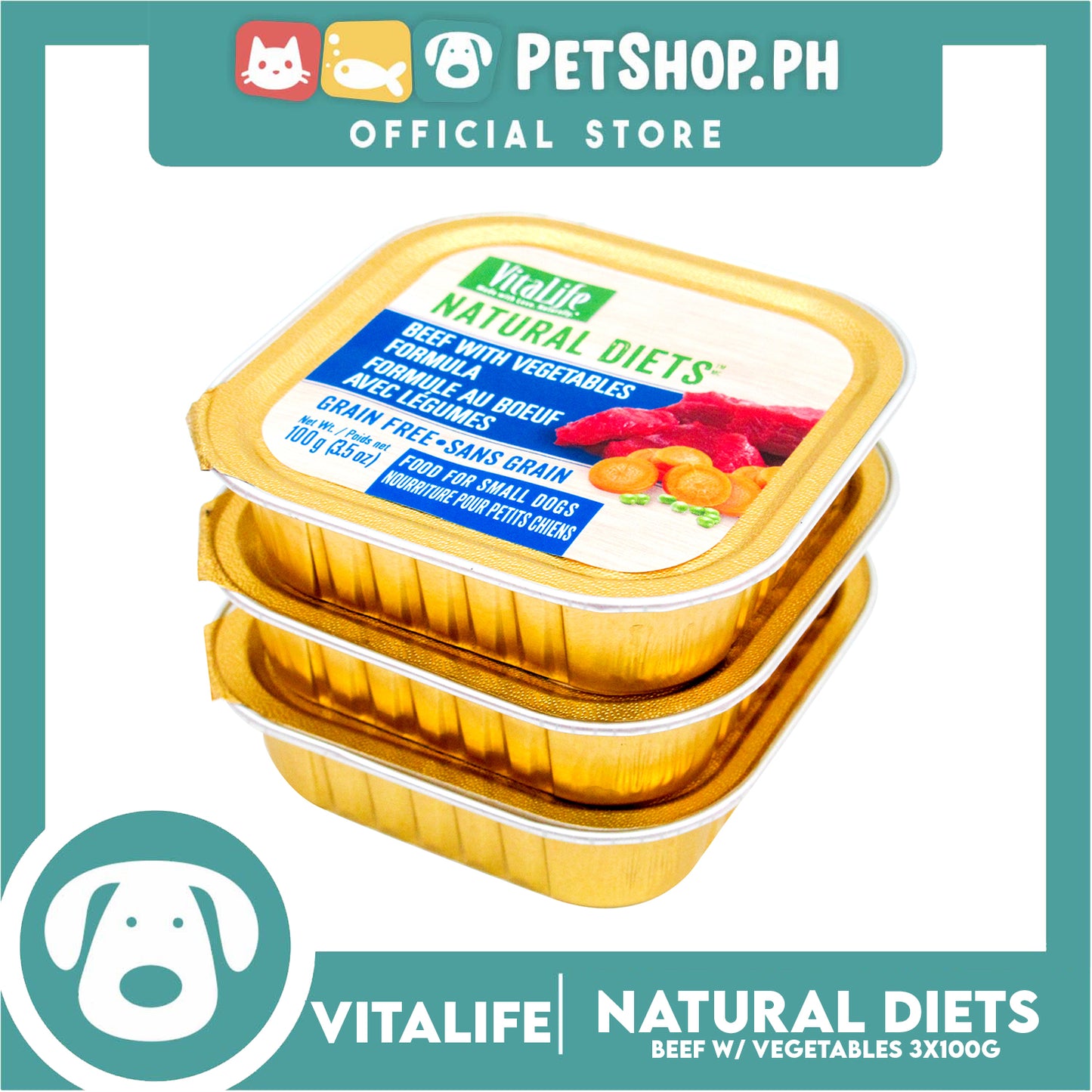 3pcs VitaLife Natural Diets, Grain Free 100g (Beef With Vegetables) Dog Food for Small Dogs, Dog Wet Food