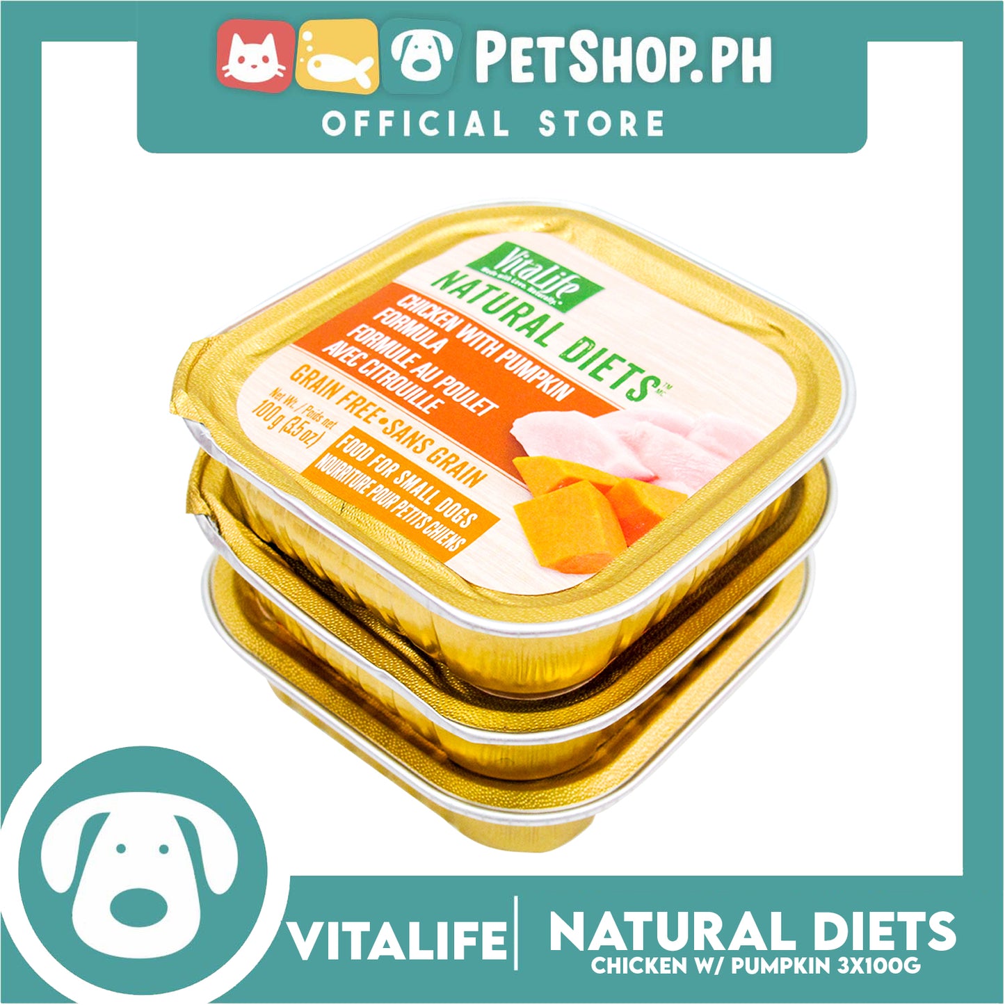 3pcs VitaLife Natural Diets, Grain Free 100g (Chicken With Pumpkin) Dog Food for Small Dogs, Dog Wet Food