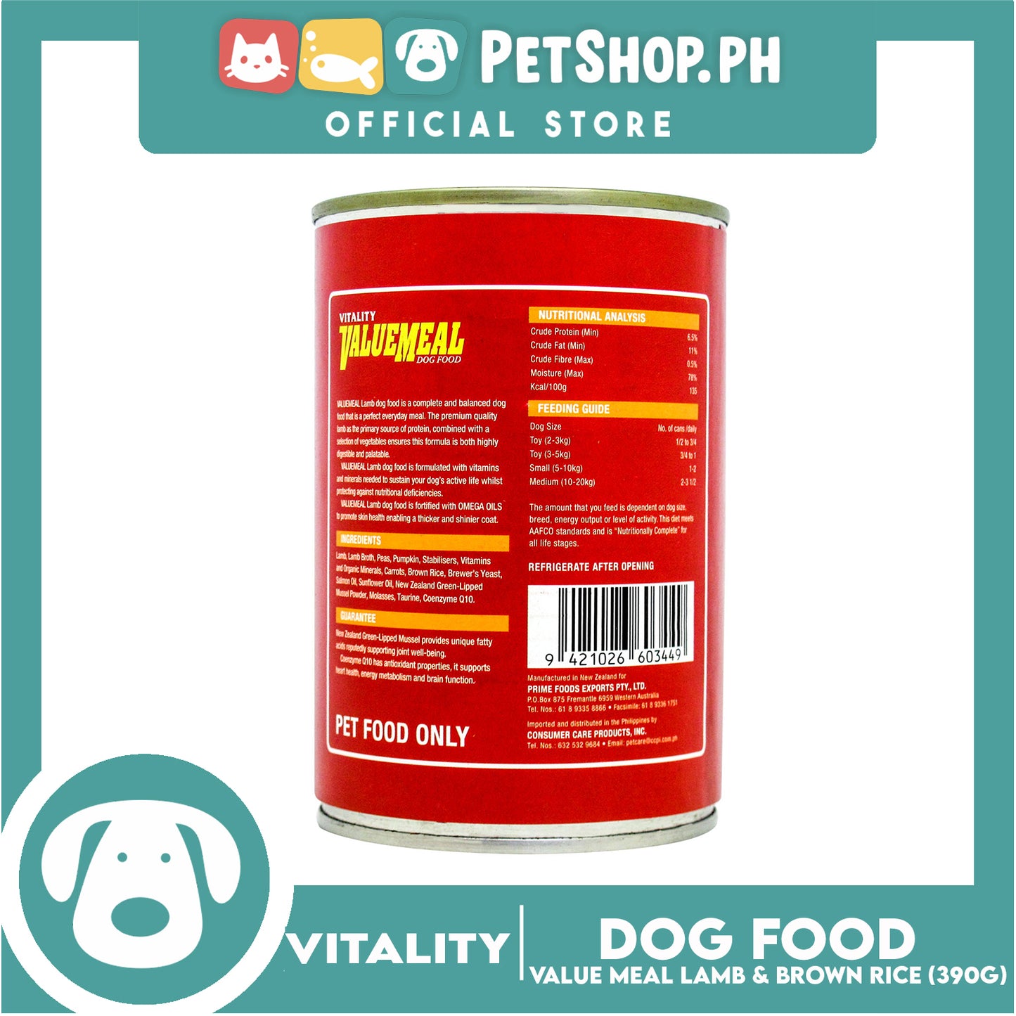 Vitality ValueMeal Canned Dog Food For Puppies And Adults 390g (Prime Lamb And Brown Rice) Dog Food, Dog Wet Food