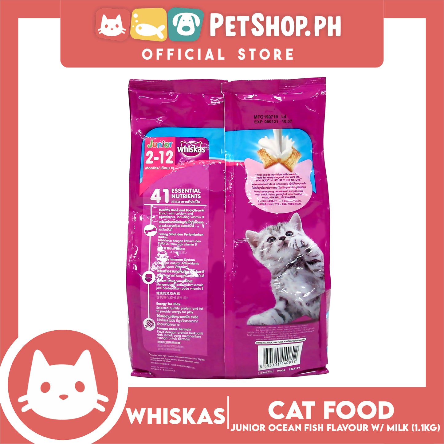 Whiskas Cat Food Dry Junior Ocean Fish Flavour With Milk 1.1kg