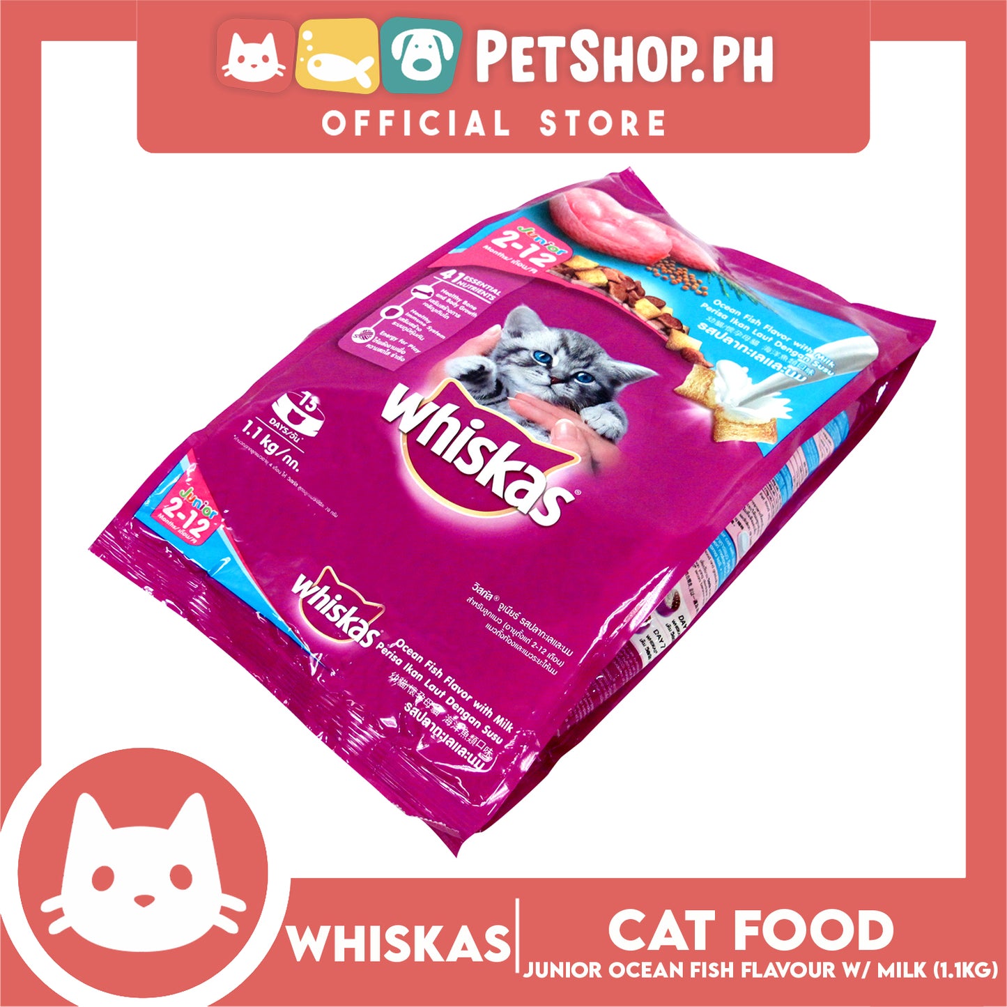 Whiskas Cat Food Dry Junior Ocean Fish Flavour With Milk 1.1kg