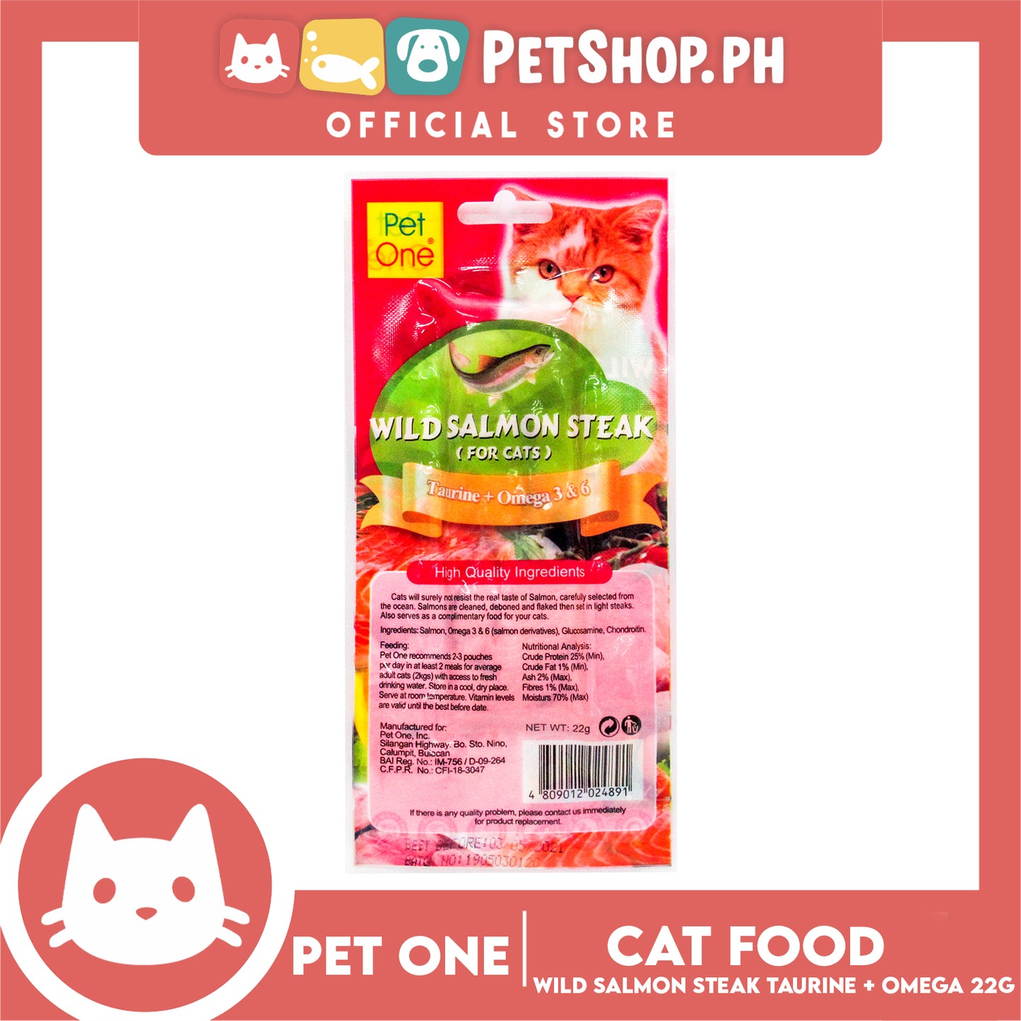 Pet One Wild Salmon Steak 22g Taurine And Omega 3 And 6 (For Cats)