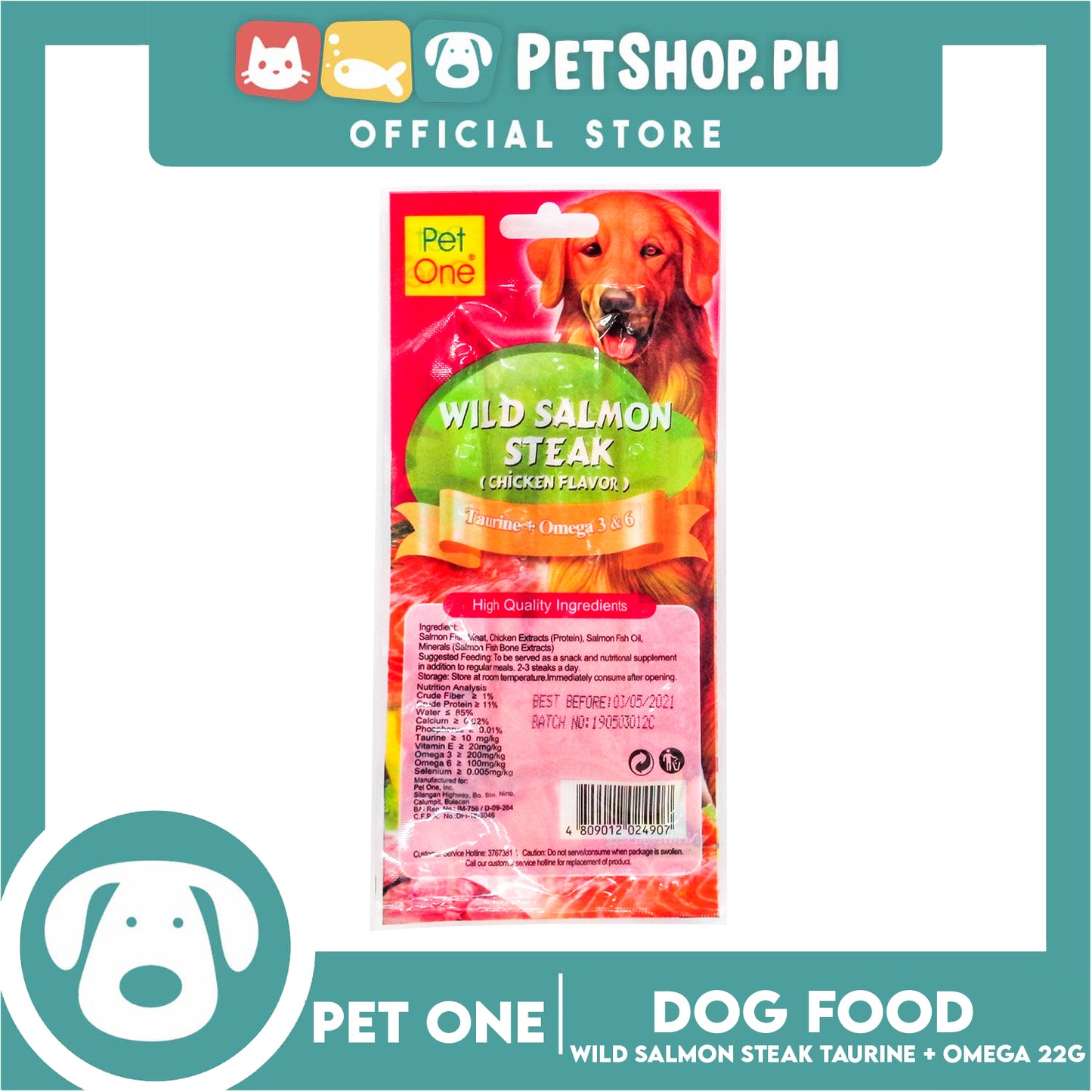 Pet One Wild Salmon Steak, Chicken Flavor 22g Taurine And Omega 3 And 6 (For Dogs)