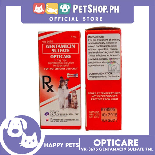 Happy Pets Opticare Gentamicin Sulfate 7ml VR-3675 for Dogs and Cats Eye Drops