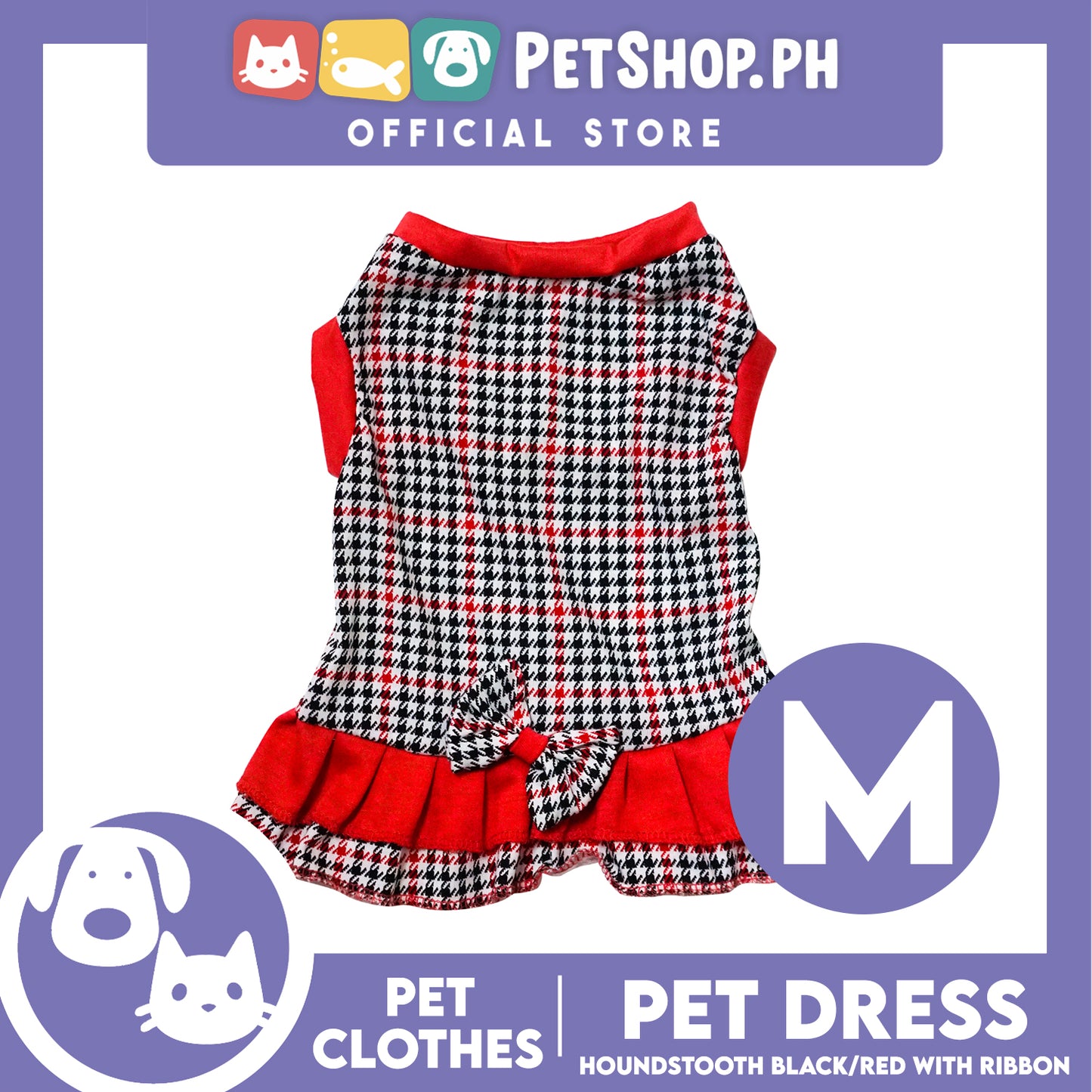 Pet Dress Houndstooth Black/Red with ribbon (Medium) Pet Dress Clothes Perfect for Dogs