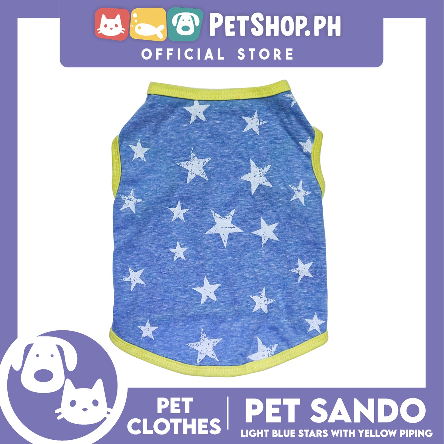 Pet Sando Light Blue Stars with Yellow Piping (Small) Pet Shirt Clothes Perfect fit for Dogs