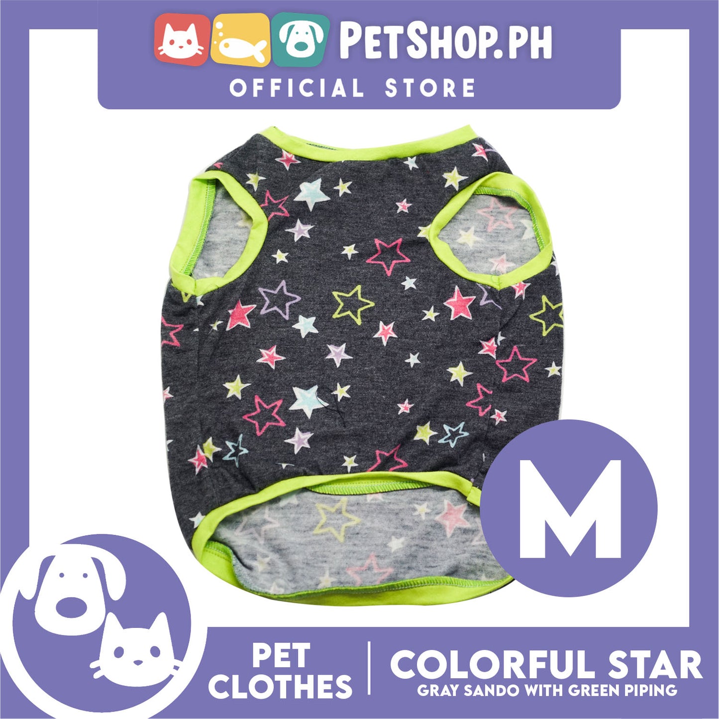 Pet Shirt Gray Sando with Colorful Stars (Medium) Perfect Fit for Dogs and Cats