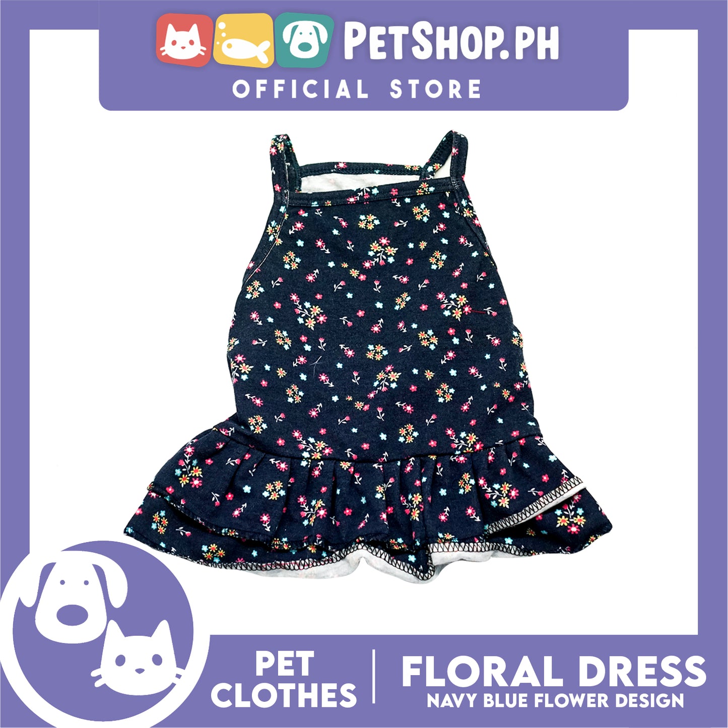 Pet Dress Navy Blue Floral Dreess (Large) Perfect Fit for Dogs and Cats