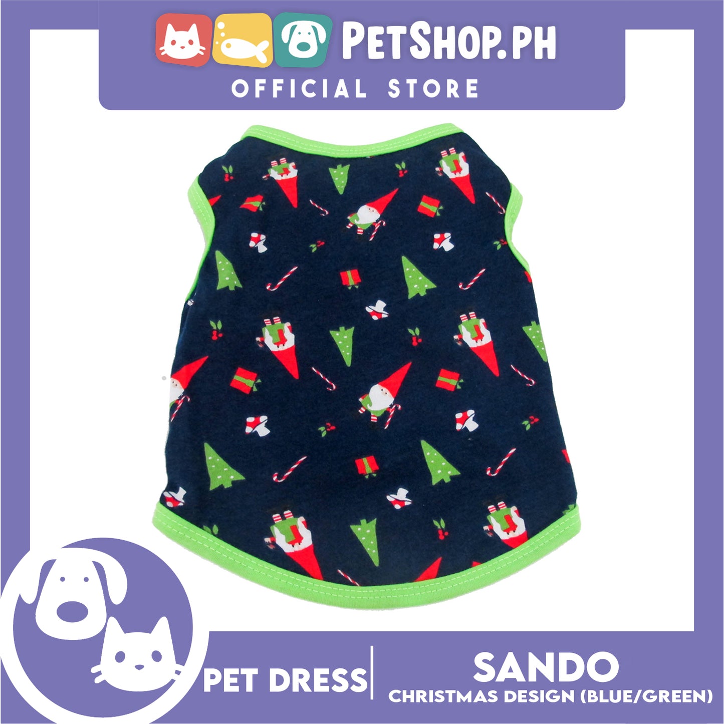 Pet Shirt Blue Christmas Design with Green Piping Sleeveless for Puppy, Small Dog and cats (Small)