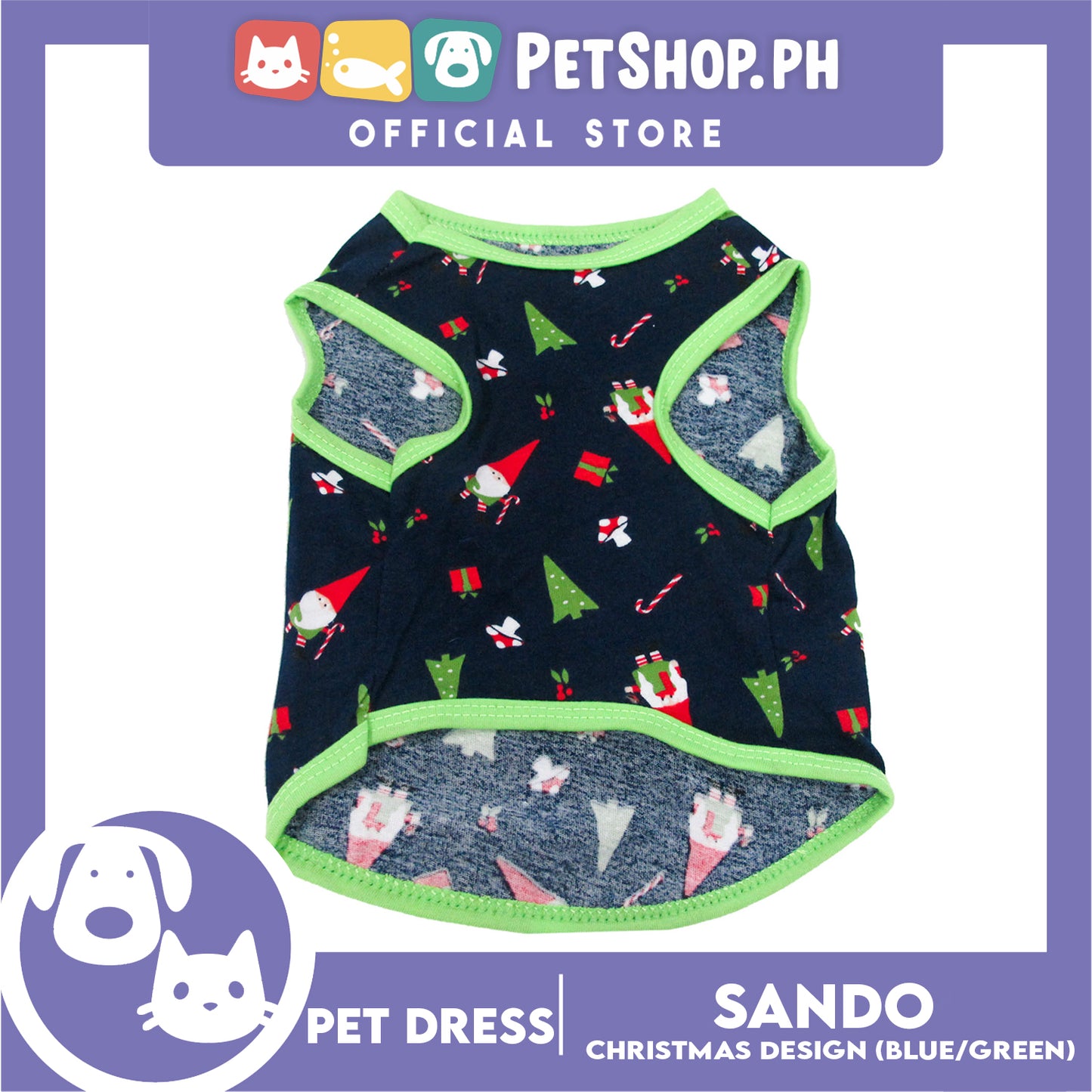 Pet Shirt Blue Christmas Design with Green Piping Sleeveless for Puppy, Small Dog and cats (Small)