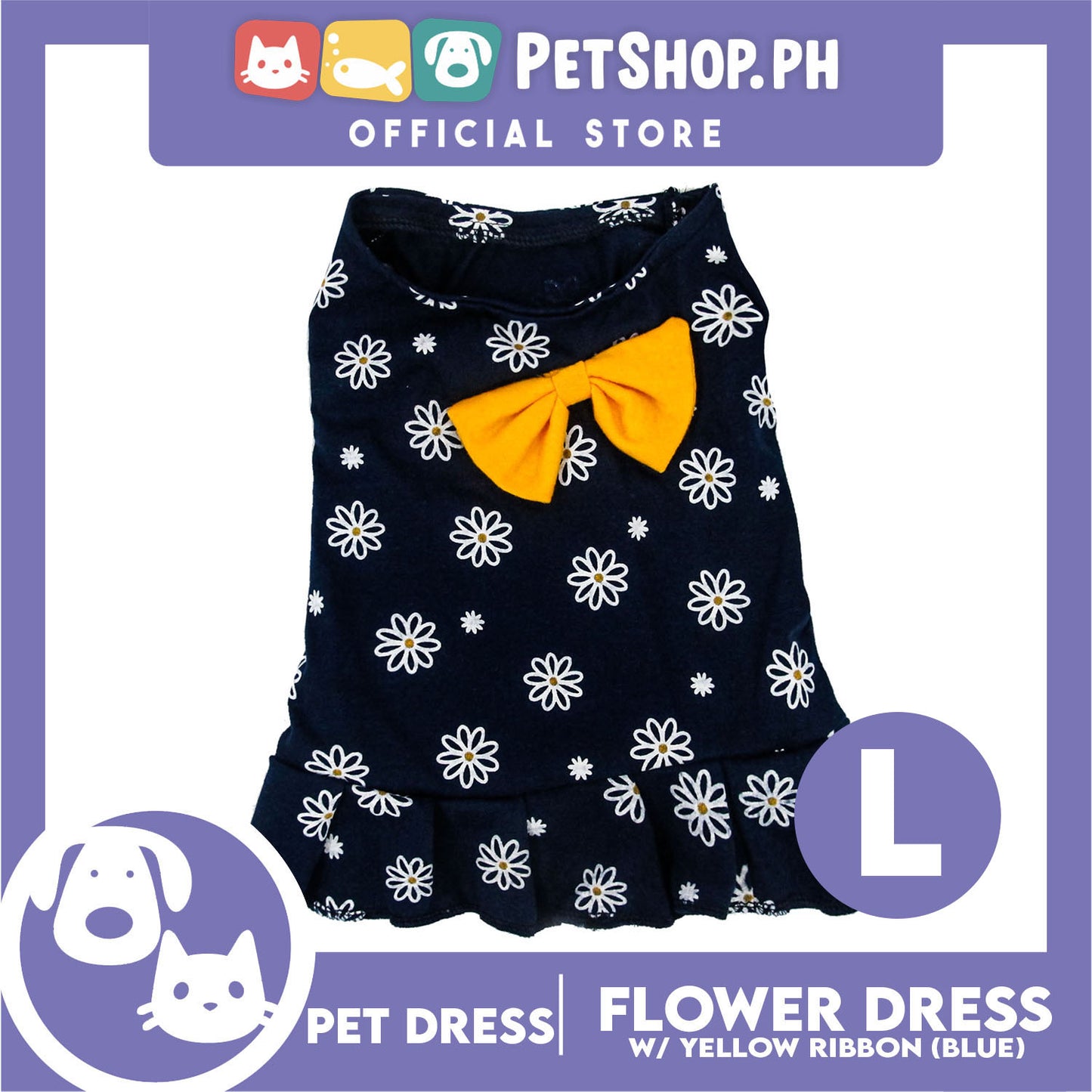 Pet Dress Summer Flower Skirt with Yellow Bowknot Sleeveless (Large)for Cute Little Dog and Cat - Cute Pet Clothes, Pet Skirt & Girl Dog Dress