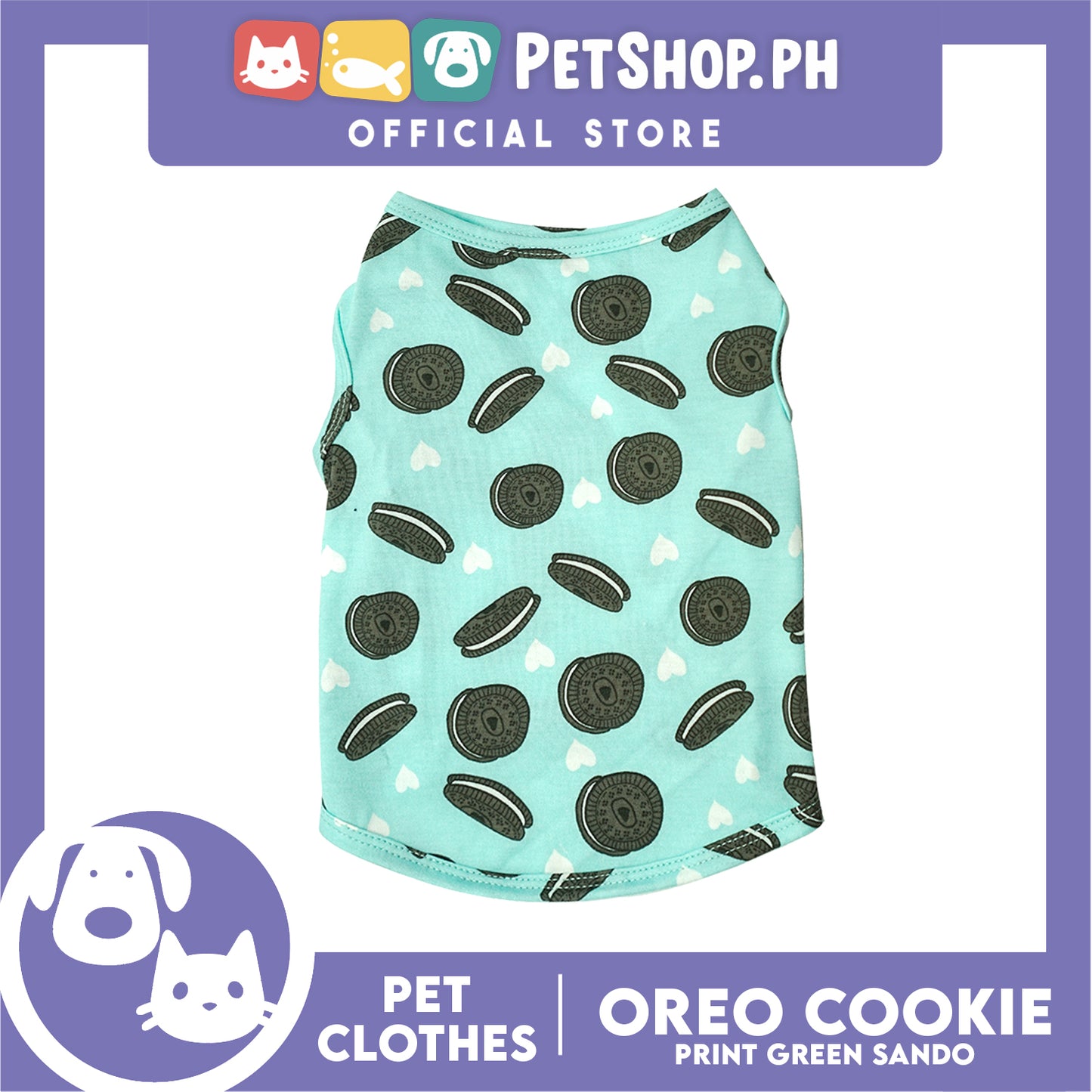 Pet Sando (Small) Cookie Print Design Mint Green Sando Pet Shirt for Puppy, Small Dog and Cats - Sando Breathable Clothes, Pet T-shirt, Sweat Shirt