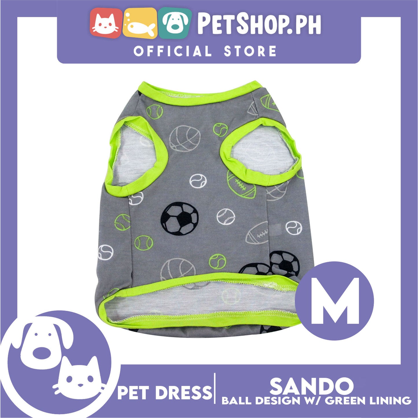 Pet Sando Gray with Soccer Print with Green Piping (Medium) for Small Dog- Pet Sport Clothes