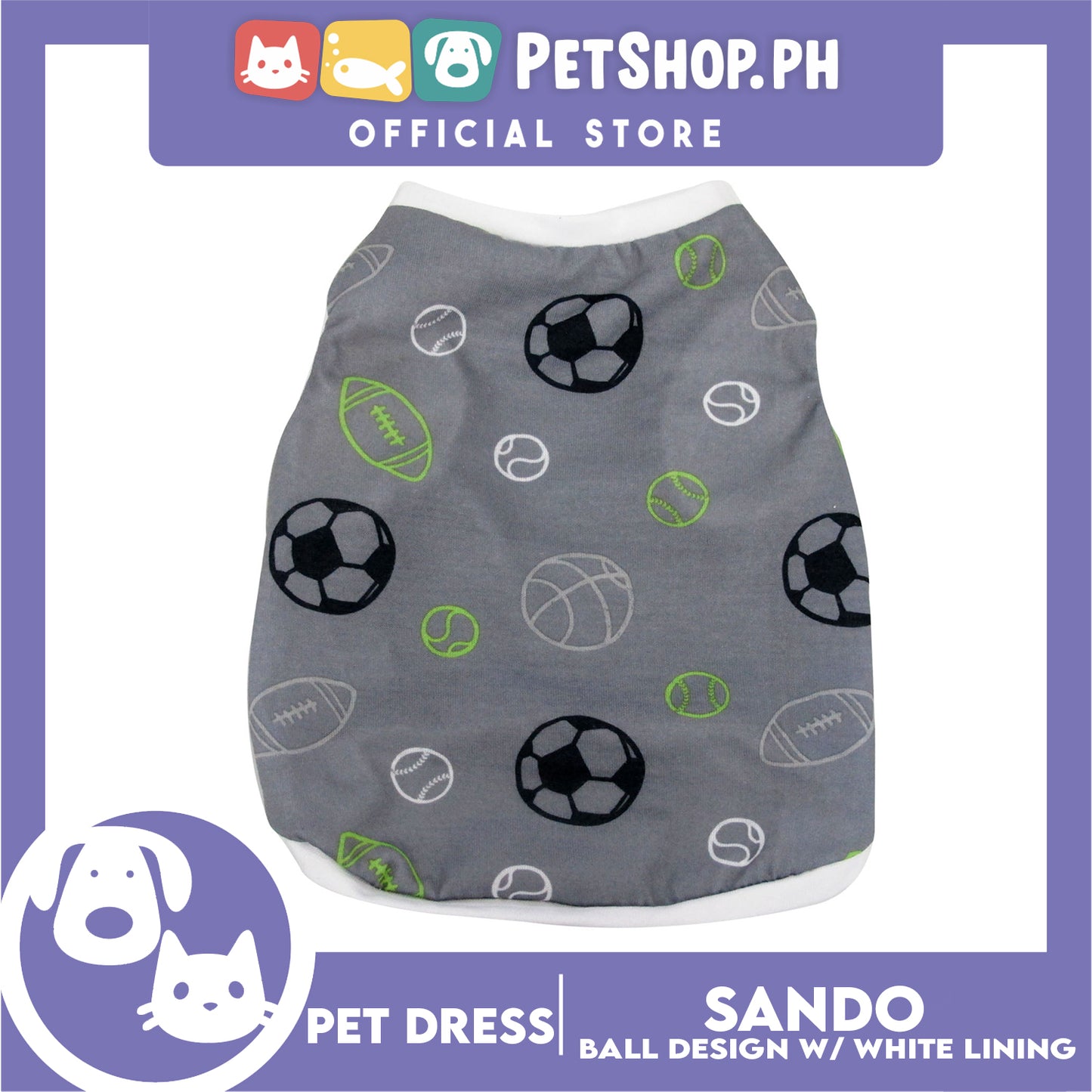 Pet Sando Gray with Soccer Print White Piping (Medium) for Small Dog- Pet Sport Clothes