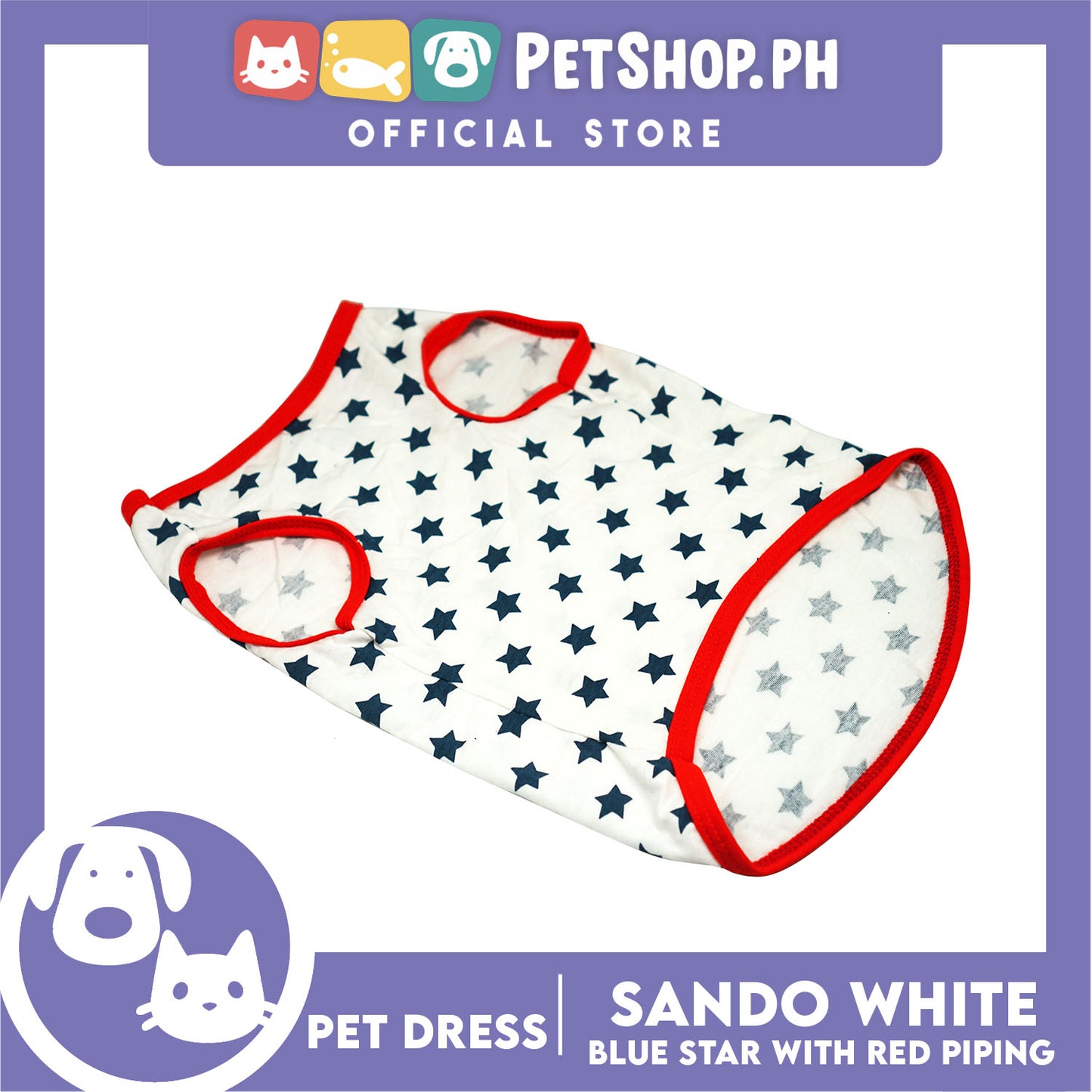 Pet Shirt White Sando with Blue Star and Red Piping (Large) Perfect Fit for Dogs and Cats Cloth