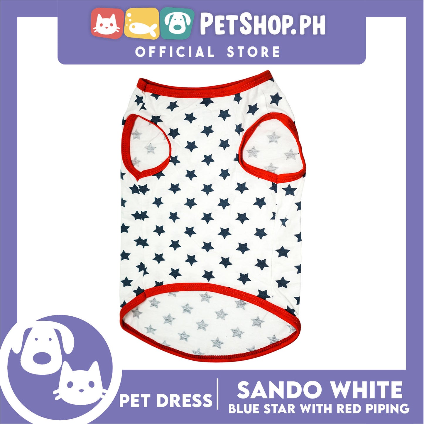 Pet Shirt White Sando with Blue Star and Red Piping (Medium) Perfect Fit for Dogs and Cats Cloth