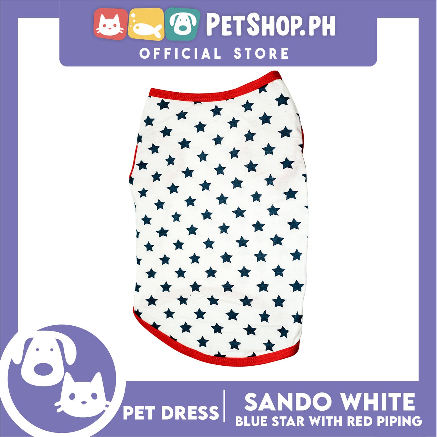 Pet Shirt White Sando with Blue Star and Red Piping (Medium) Perfect Fit for Dogs and Cats Cloth