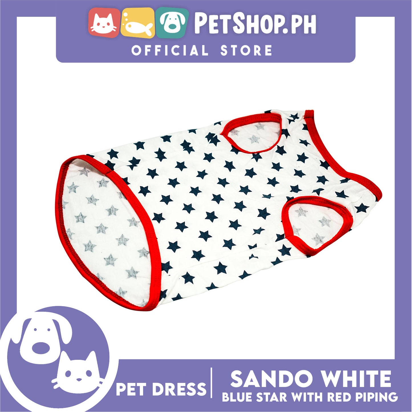 Pet Shirt White Sando with Blue Star and Red Piping (Medium) Perfect Fit for Dogs and Cats Cloth