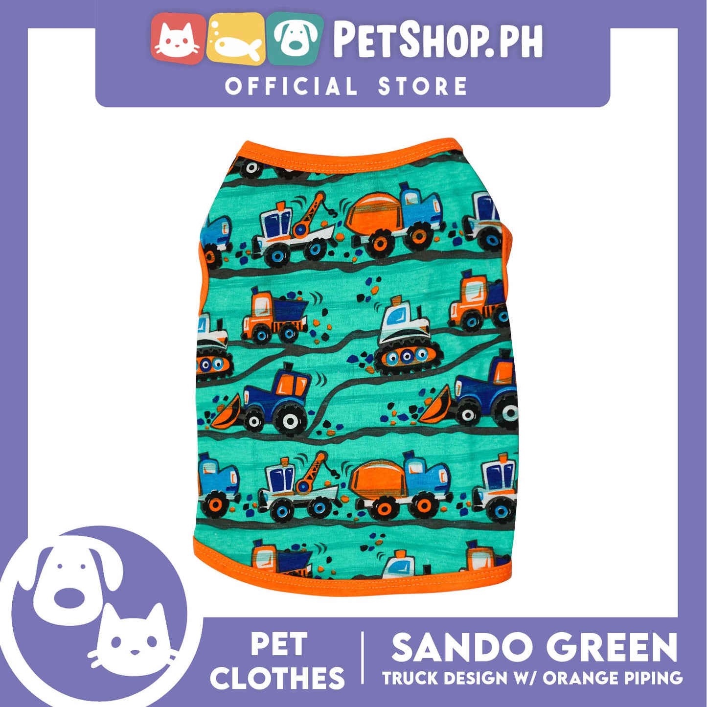 Green Pet Sando with Truck Design with Orange Piping Sleeveless (Extra Large) for Puppy, Small Dogs and Cats
