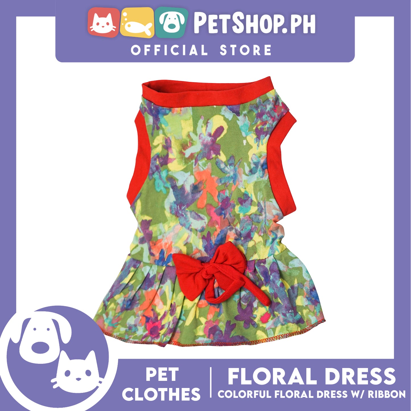 Colorful Floral Pet Dress with Red Ribbon (Large) Pet Shirt for Puppy, Small Dogs and Cats