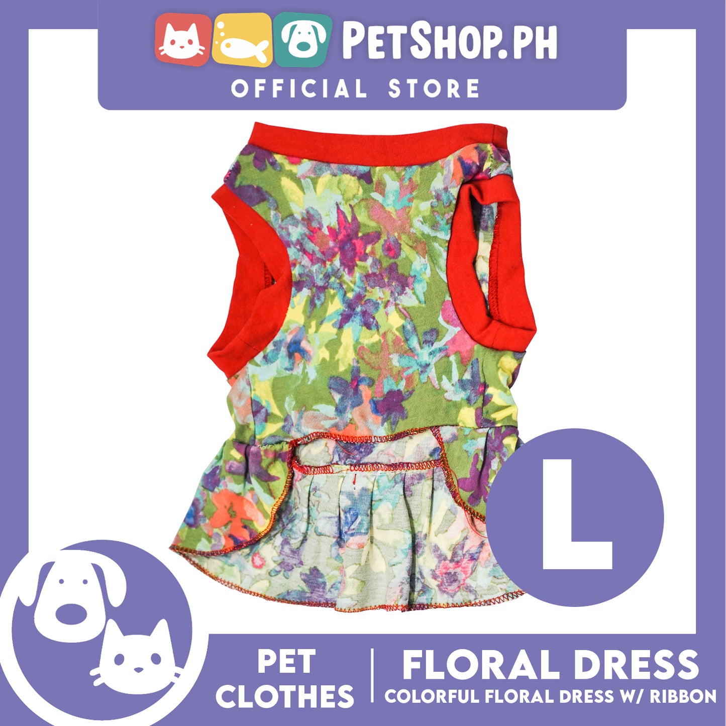 Colorful Floral Pet Dress with Red Ribbon (Large) Pet Shirt for Puppy, Small Dogs and Cats