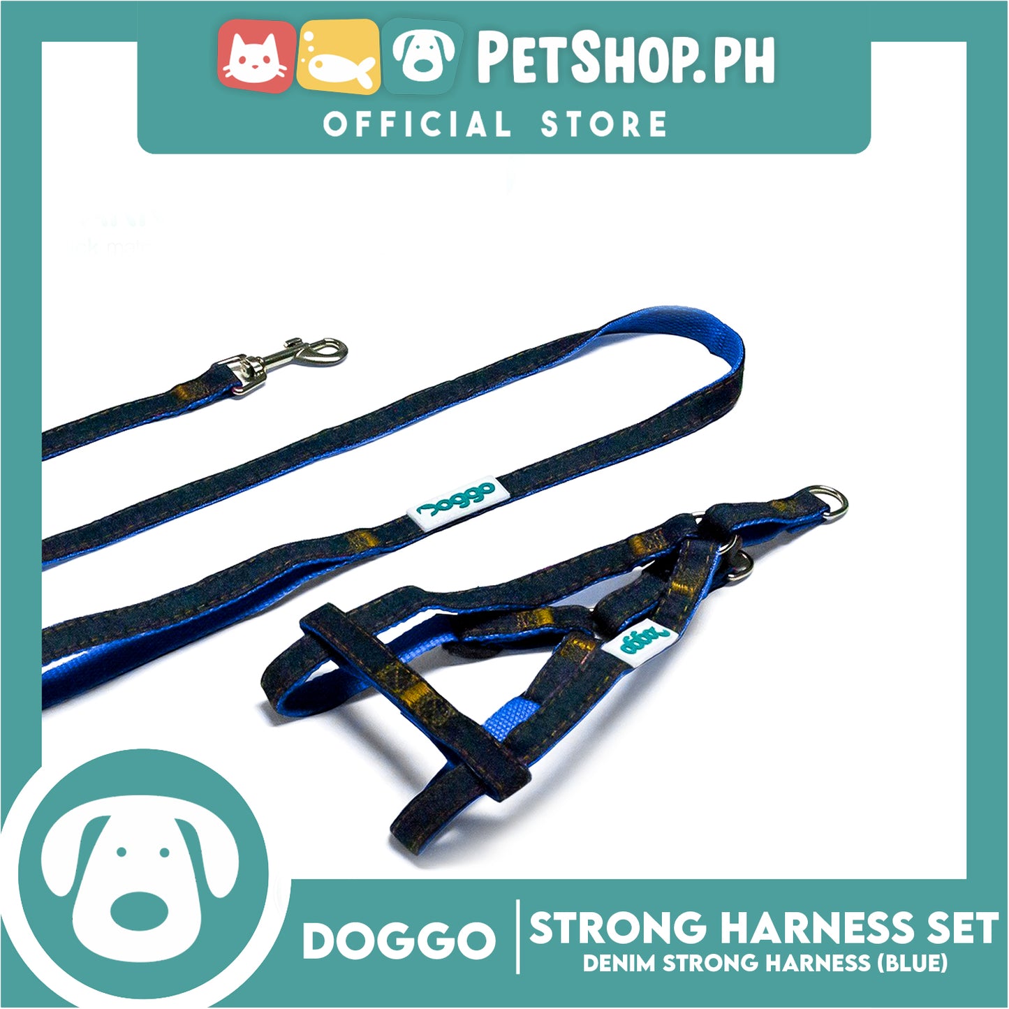 Doggo Strong Harness Set Denim Design Large (Blue) Harness, Leash and Collar for Your Dog