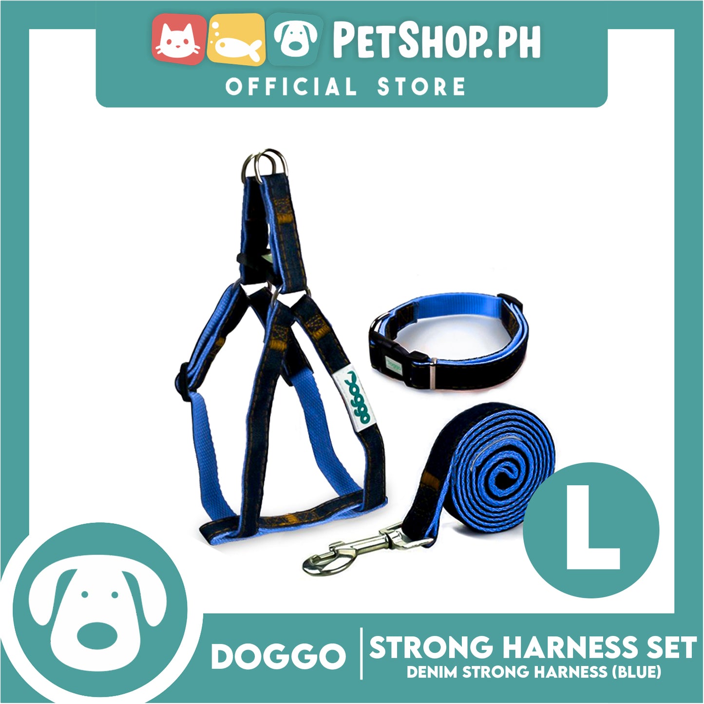 Doggo Strong Harness Set Denim Design Large (Blue) Harness, Leash and Collar for Your Dog