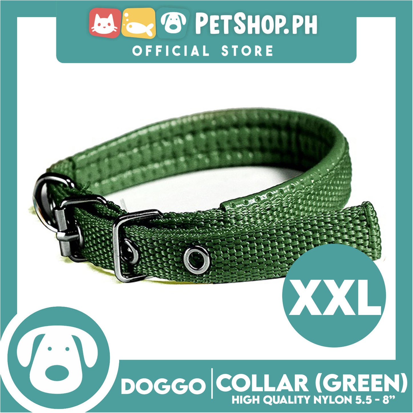 Doggo Dog Collar Adjustable Buckle XXL Size (Green) Collar Nylon for Dog