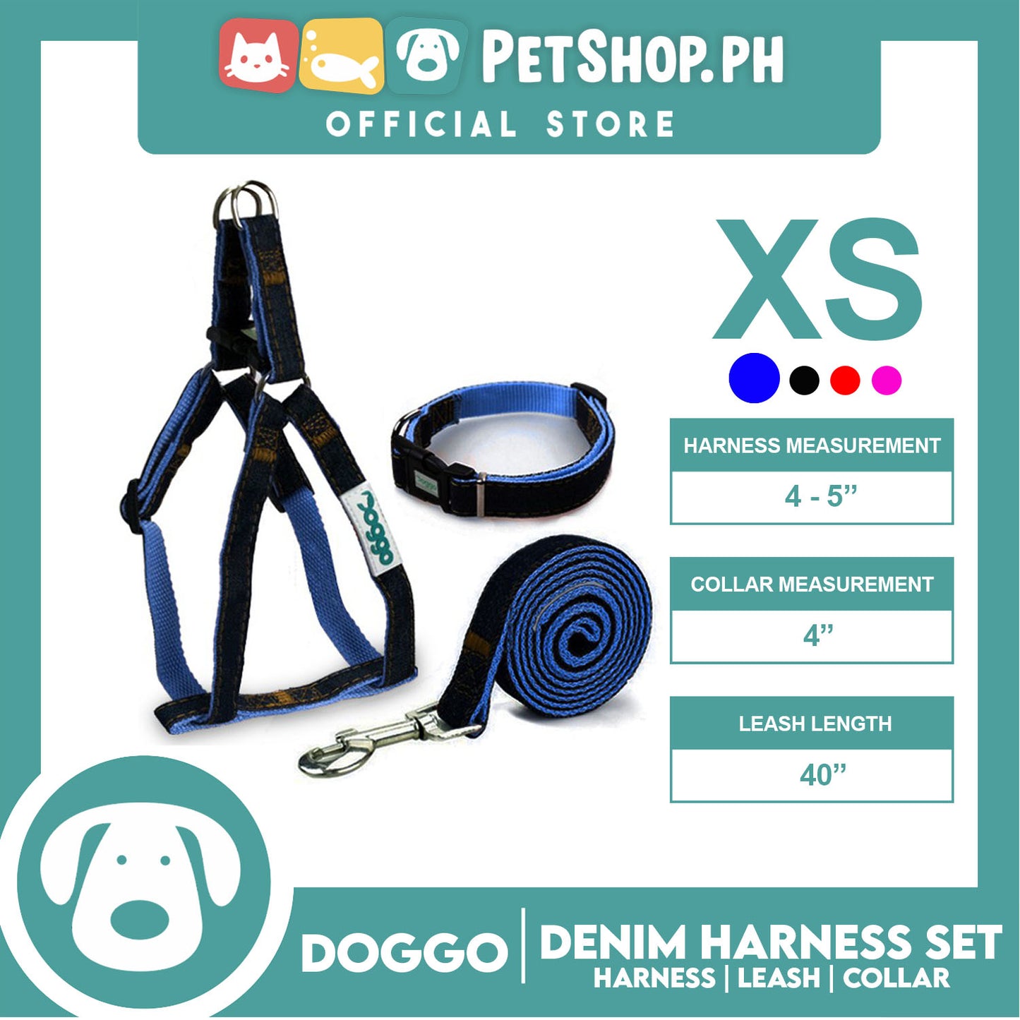 Doggo Strong Harness Set Denim Design Extra Small (Blue) Harness, Leash and Collar for Your Dog