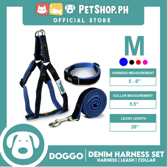 Doggo Strong Harness Set Denim Design Medium (Blue) Harness, Leash and Collar for Your Dog