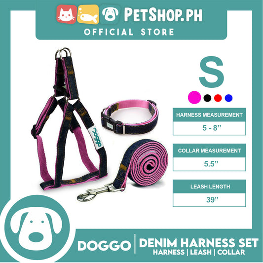 Doggo Strong Harness Set Denim Design Small (Pink) Harness, Leash and Collar for Your Dog
