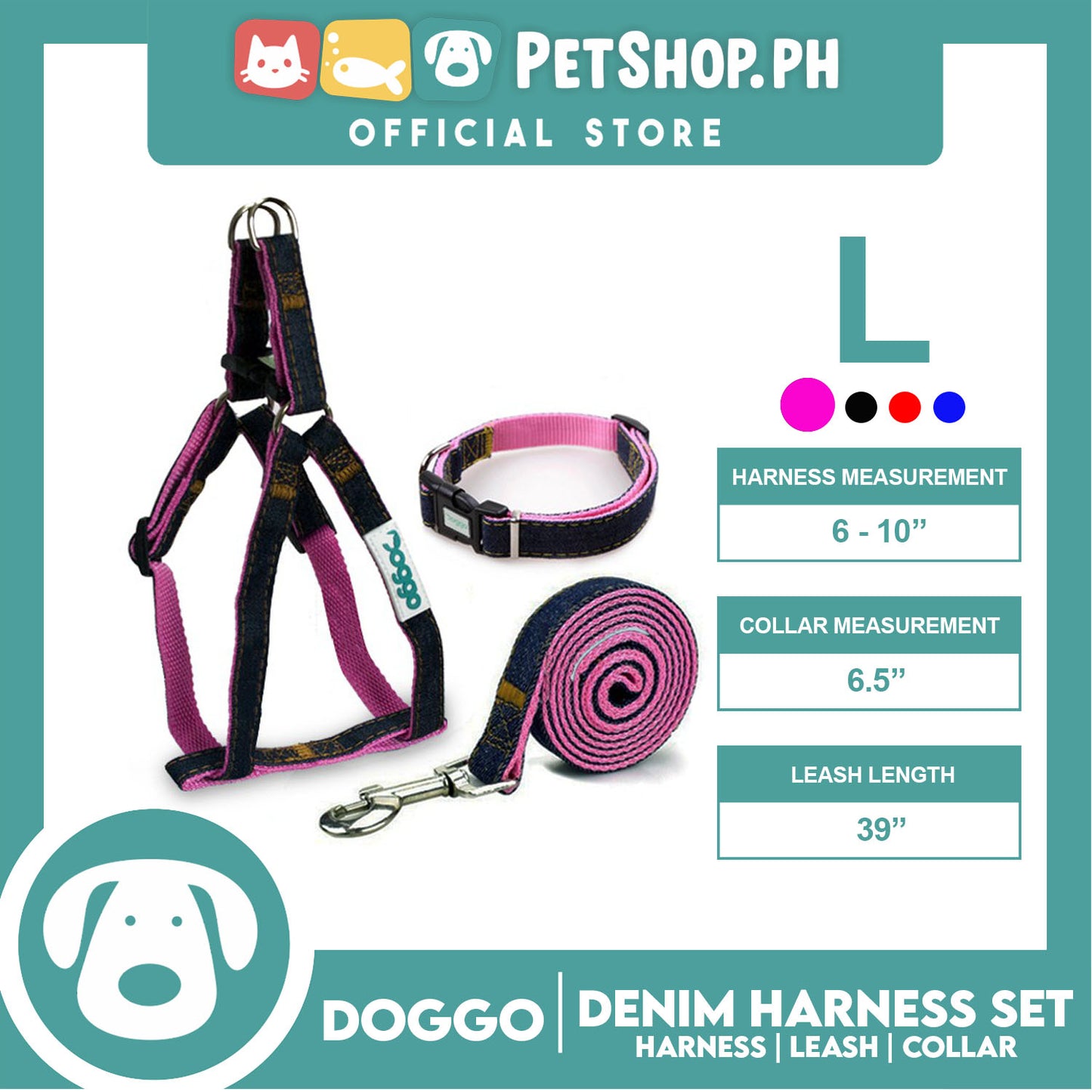 Doggo Strong Harness Set Denim Design Large (Pink) Harness, Leash and Collar for Your Dog