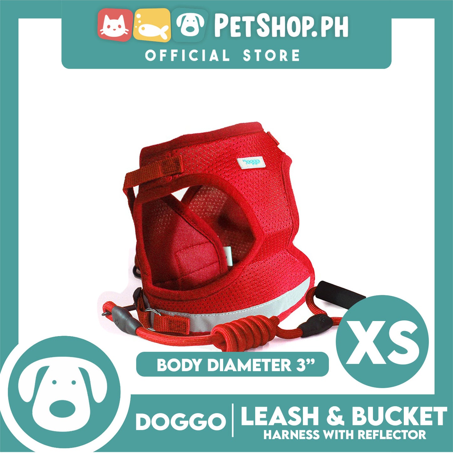 Doggo Leash and Bucket Harness with Reflector Extra Small (Red) Perfect Set for Your Dog