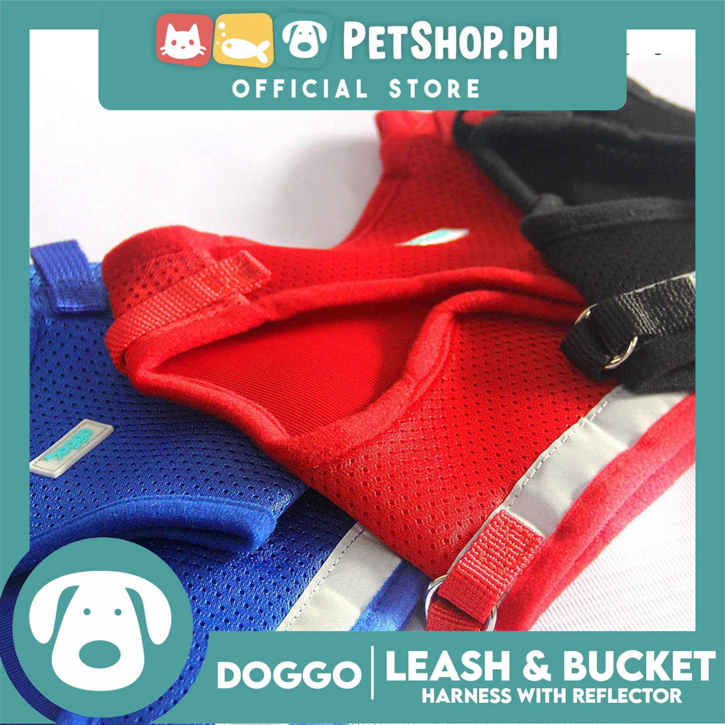 Doggo Leash and Bucket Harness with Reflector Medium (Red) Perfect Set for Your Dog