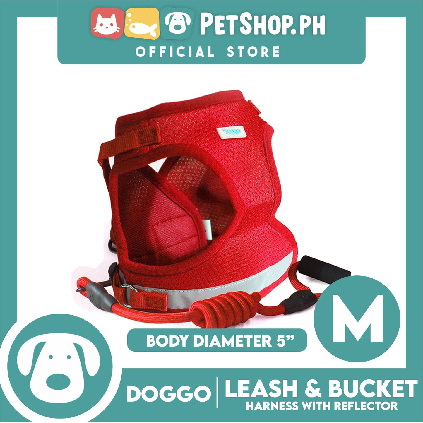 Doggo Leash and Bucket Harness with Reflector Medium (Red) Perfect Set for Your Dog