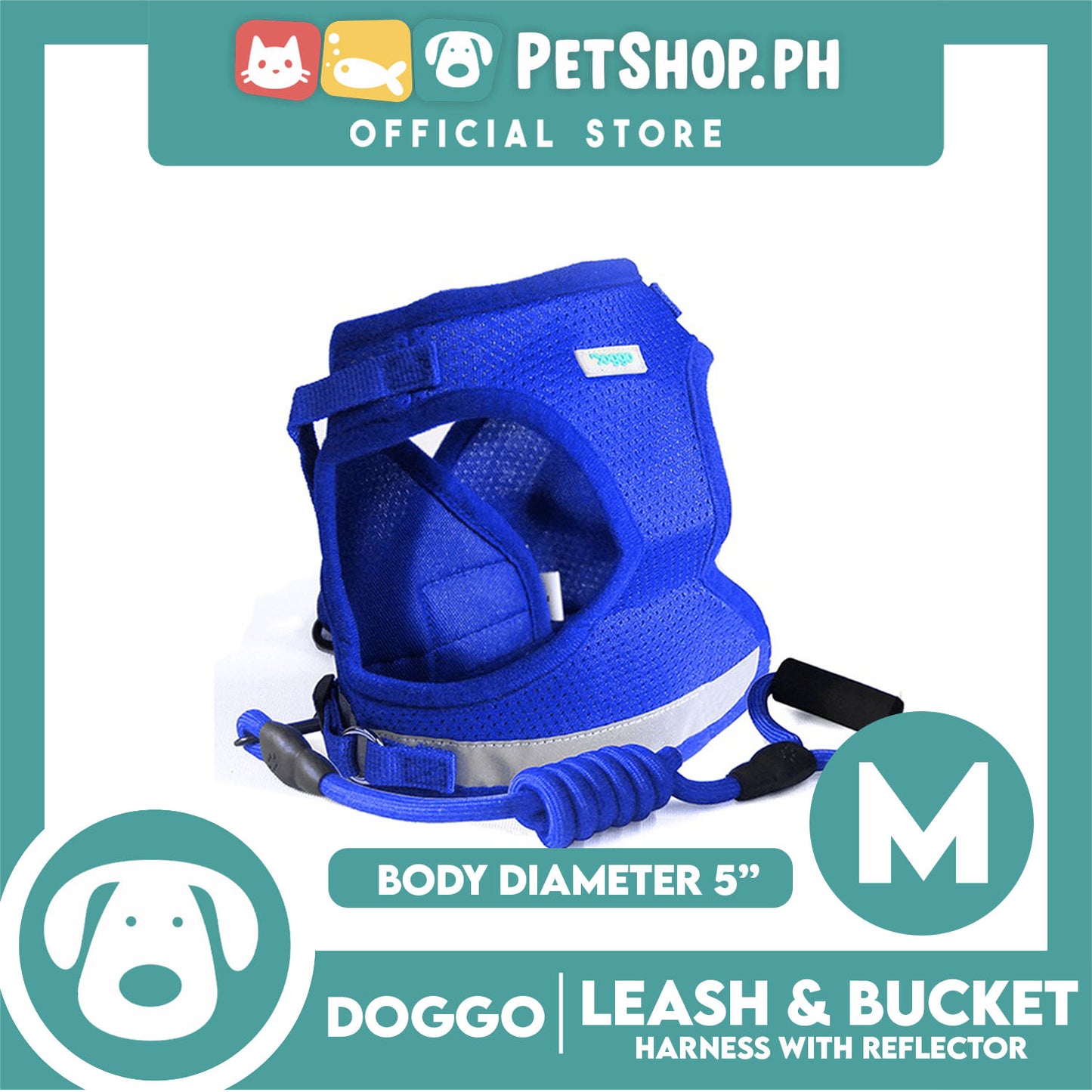 Doggo Leash and Bucket Harness with Reflector Medium (Blue) Perfect Set for Your Dog
