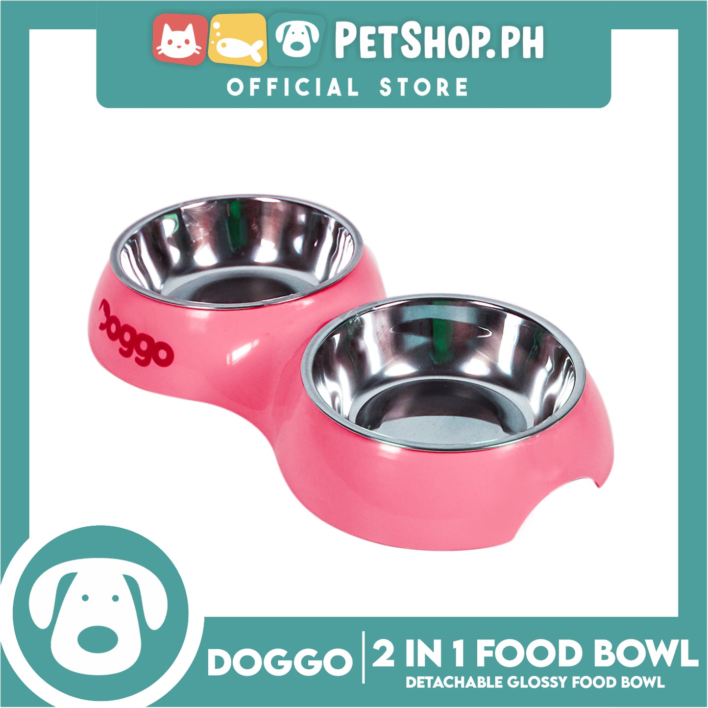 Doggo Glossy 2 in 1 Bowl (Pink) Thick Plastic Material Detachable Pet Feeding Bowl