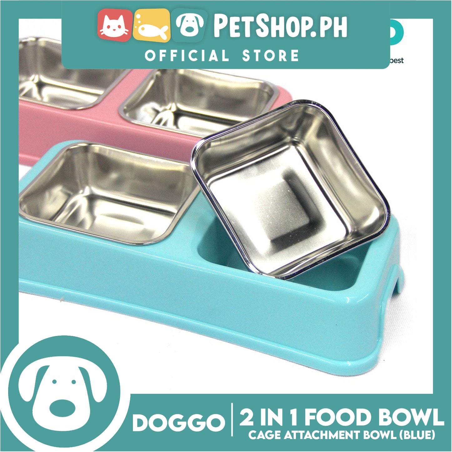 Doggo Quad 2 in 1 Bowl (Blue) Thick Plastic Material Detachable Pet Feeding Bowl