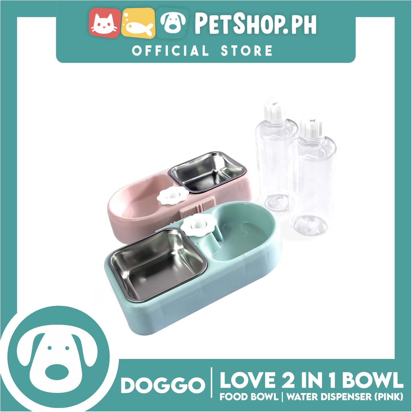 Doggo Love 2 in 1 Bowl With 500ml Bottle (Pink) Thick Plastic Material Pet Bowl