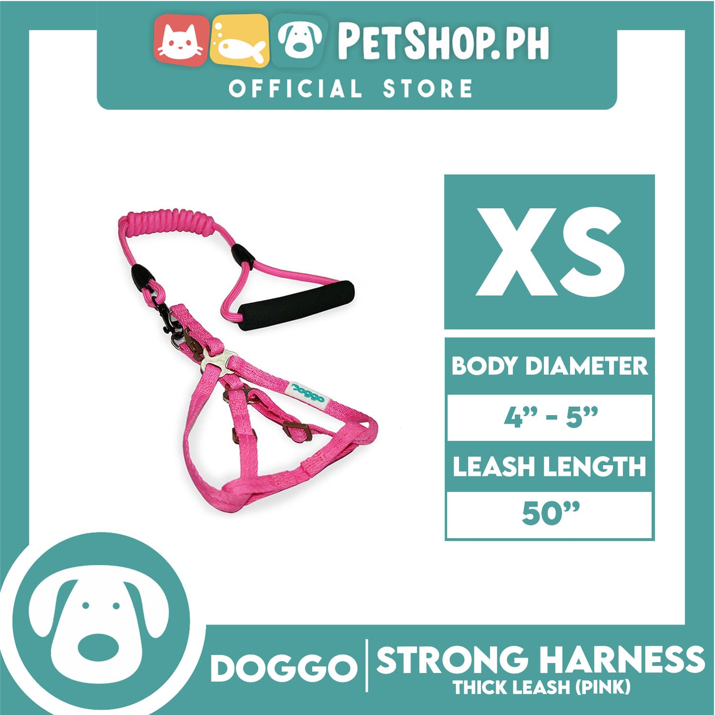 Doggo Strong Harness Thick Leash Soft Handle Steel Connector Extra Small (Pink) Safe Harness for Your Dog
